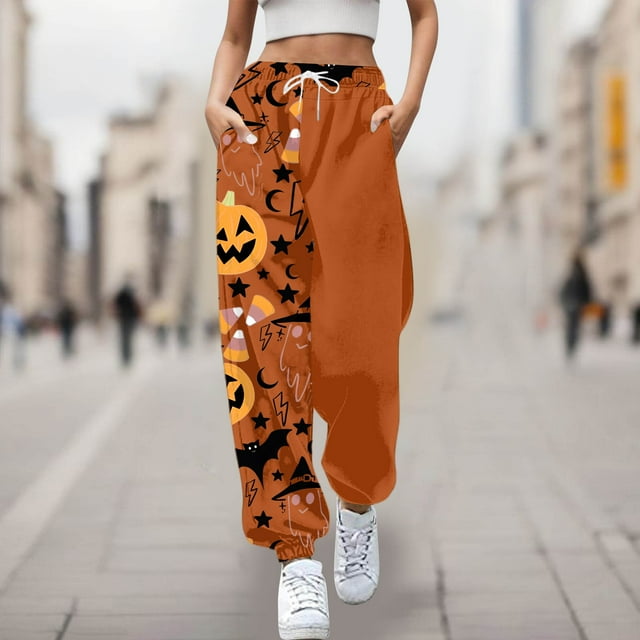 WILLBEST Pantalones Deportivos Casuales para Mujer, Cómodos, con Estampado de Halloween, Cintura Elástica Suave, Diseño de Dibujos Animados, Pantalones Holgados para Uso Diario Extra Grande