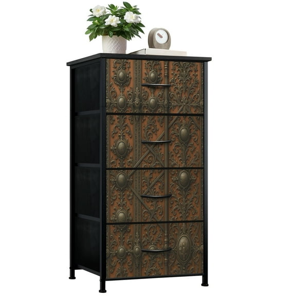 Dresser for Bedroom with 4 Storage Drawers Ornate Vintage Door Design Intricate Metalwork Floral Patterns Dressers Chest of Drawers Steel Framed Fabric Closet Organizers for Entryway