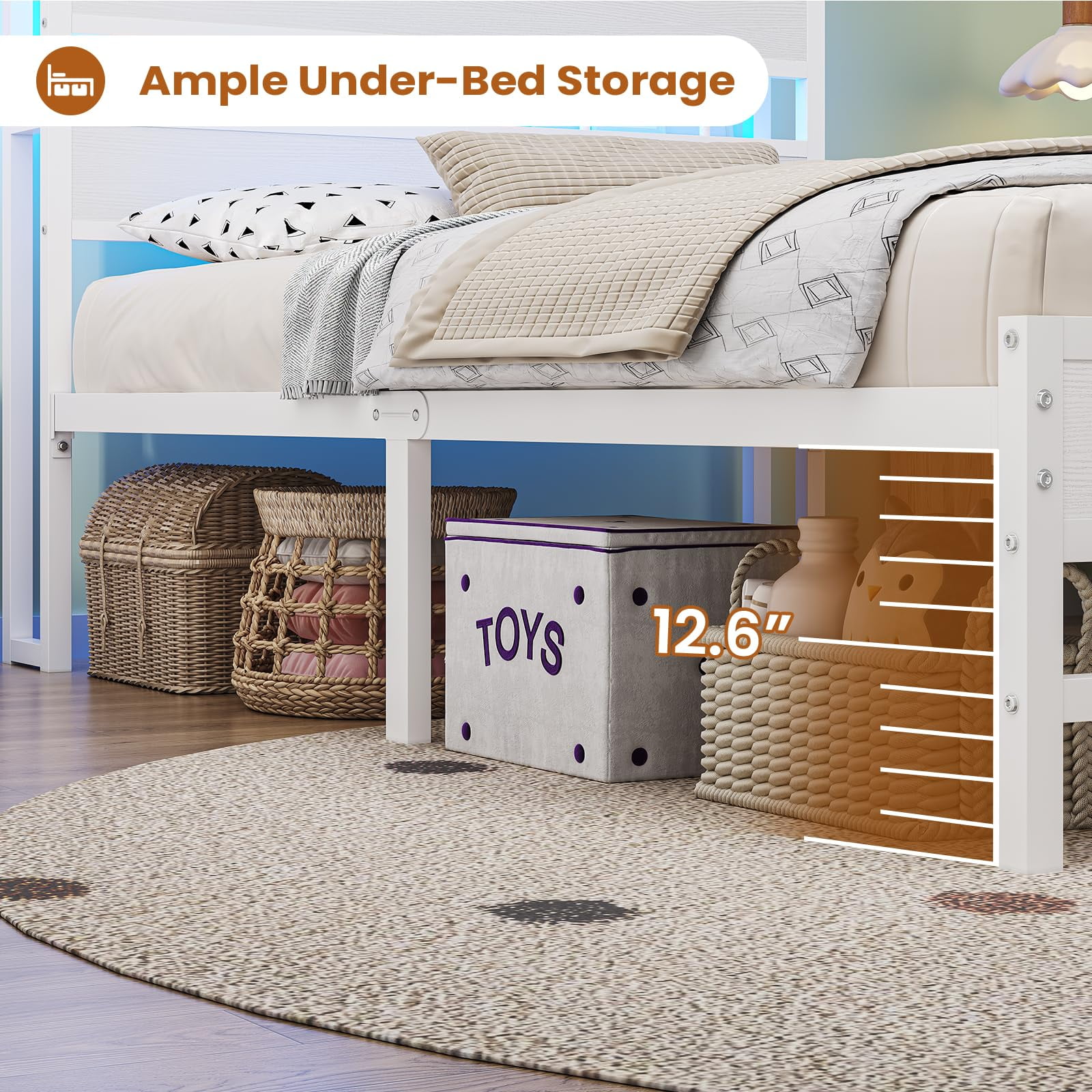 White Twin Bed Frames,with LED Light & Charging Station, Twin Size Bed Frame with Fabric Drawers and 5 Storage Shelves, Platform Bed Frames with Headboard ,No Box Spring Needed