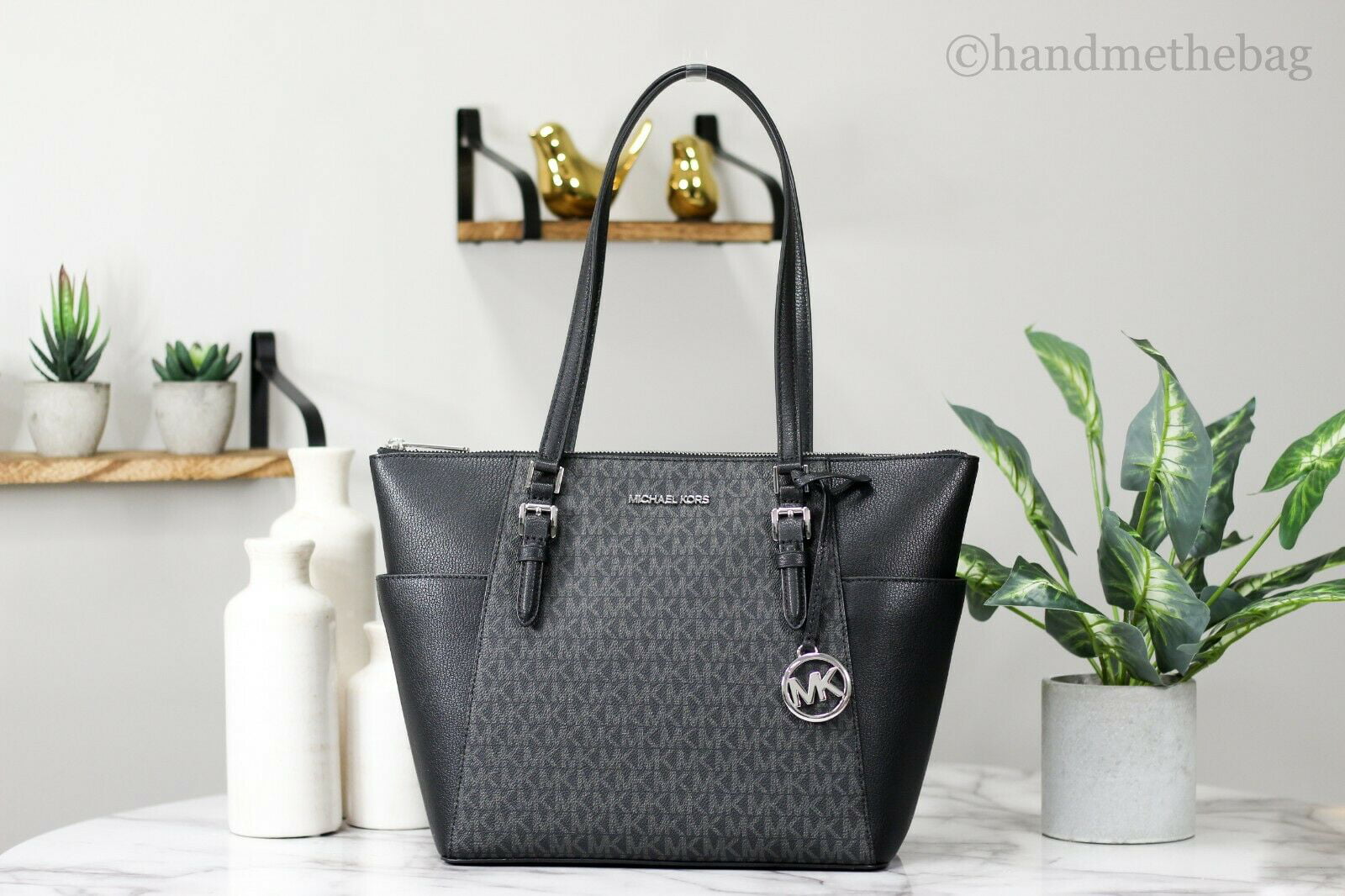 Michael Kors Charlotte Black Leather Top Zip Tote Handbag Bag (Black/Silver Sig) - Walmart.com