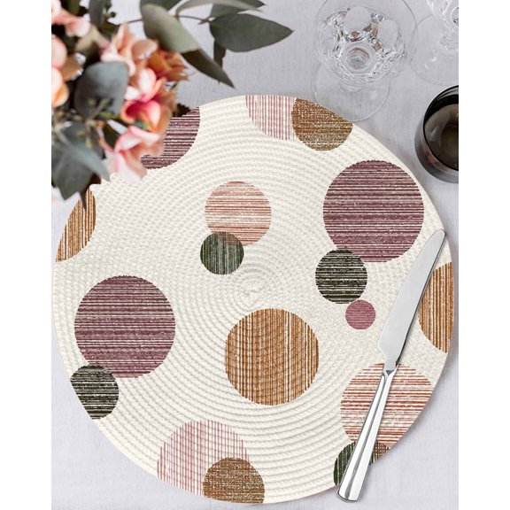 15 Inch Round Placemats Set of 4, Abstract Geometric Non Slip Heat Insulation PP Table Mats, Farmhouse Vintage Polka Dot Red Brown Washable Place Mats for Kitchen Dining Party Table Decor