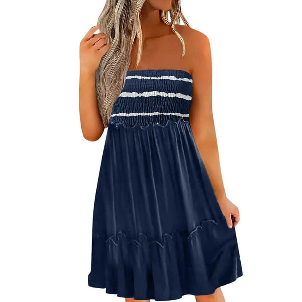 Gibobby Vestido corto casual para mujer Vestido sin tirantes con estampado de rayas para mujer para vestidos de playa para vestido con top de tubo(Azul oscuro,XL)