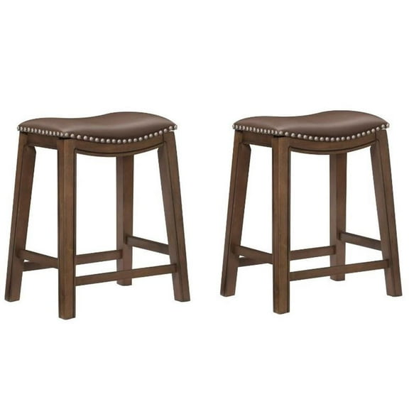 Home Square 2 Piece 24" Faux Leather Saddle Counter Stool Set in Brown