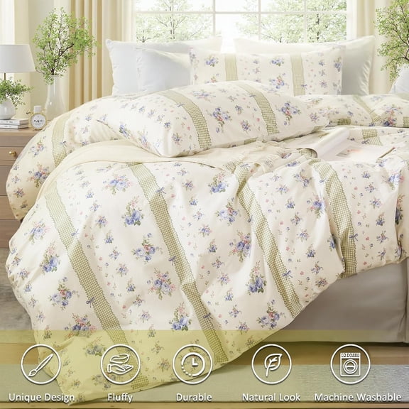 Duvet Cover – 100% Nature Cotton Floral Stripe Bedding Set, Vintage Cottagecore Botanical Design with Zipper Closure, 3 Pieces Soft Breathable Comforter Cover Set
