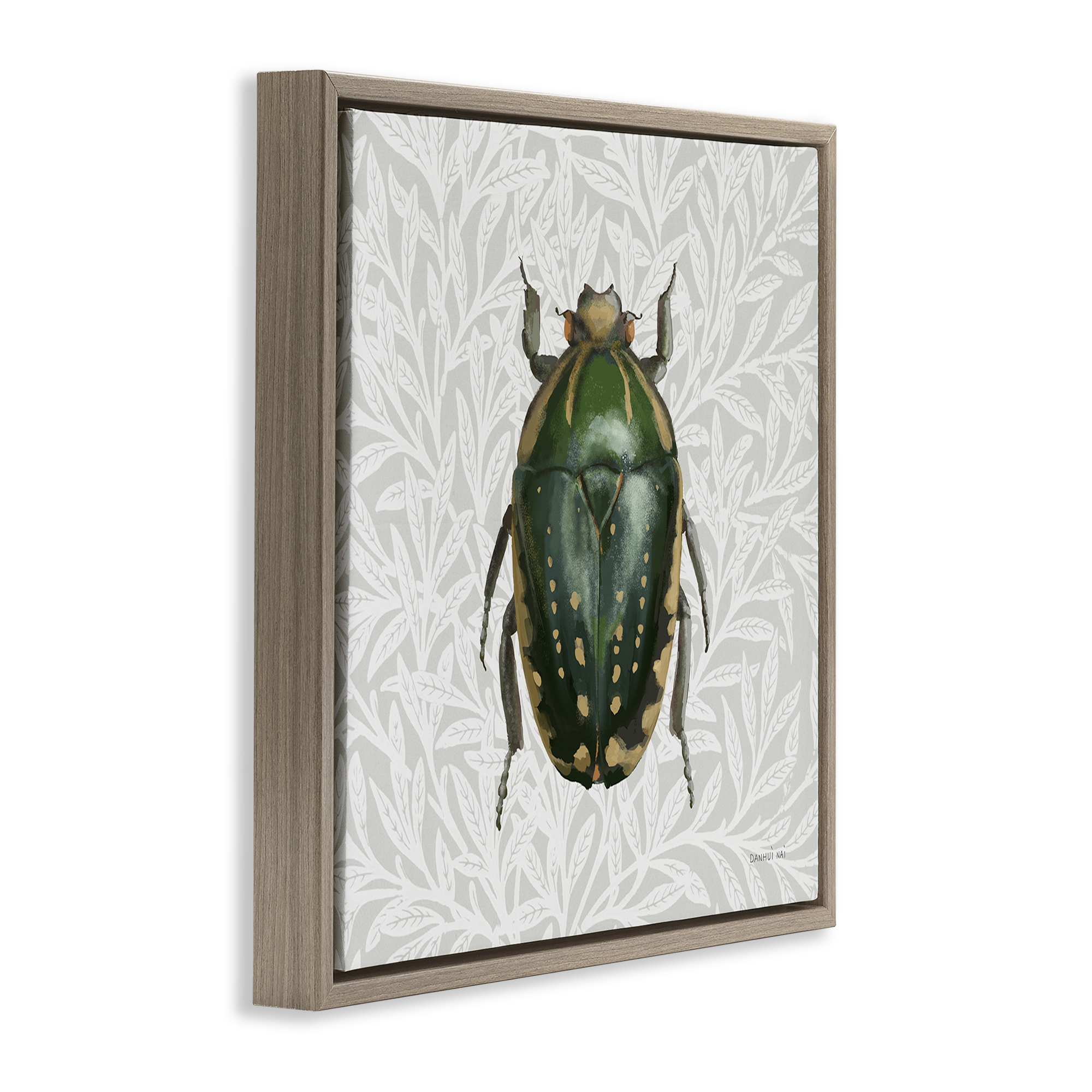 Stupell Industries Beetle with Botanical Pattern Animals & Insects Painting Brown Floater Framed Canvas Art Print Wall Art, 25 x 25