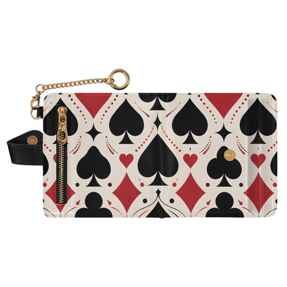 DIXRUYEE Seam Playing Cards Print RFID Blocking Womens PU Leather Wallet Small Foldable Card Holder Purse with Coin Zipper Pocket & Detachable Chain Wristlet