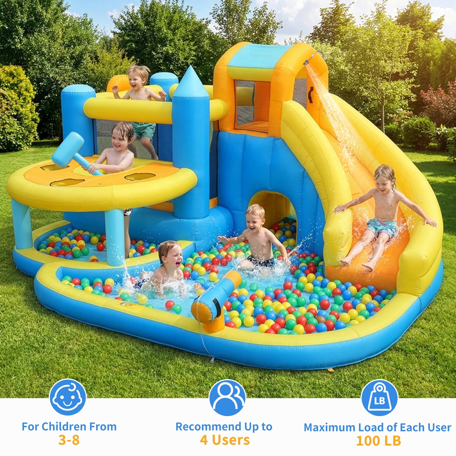 Ktaxon 10-in-1 Inflatable Water Slide Bounce House with Blower, 167" x 161" x 83", Whack-a-Mole Water Park w/ Splash Pool, Bounce Area & Crawl-Through Tunnel, Kids Backyard
