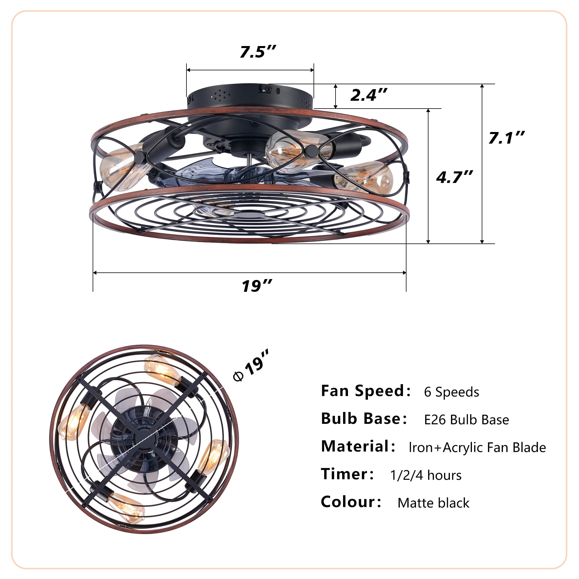 Leumius 20" Caged Ceiling Fan with Lights and Remote Control ,Reversible Motor, DC Remote Control,6 Speed Ceiling Fan for Living Room Bedroom Dining Room (NOT Included Bulbs)