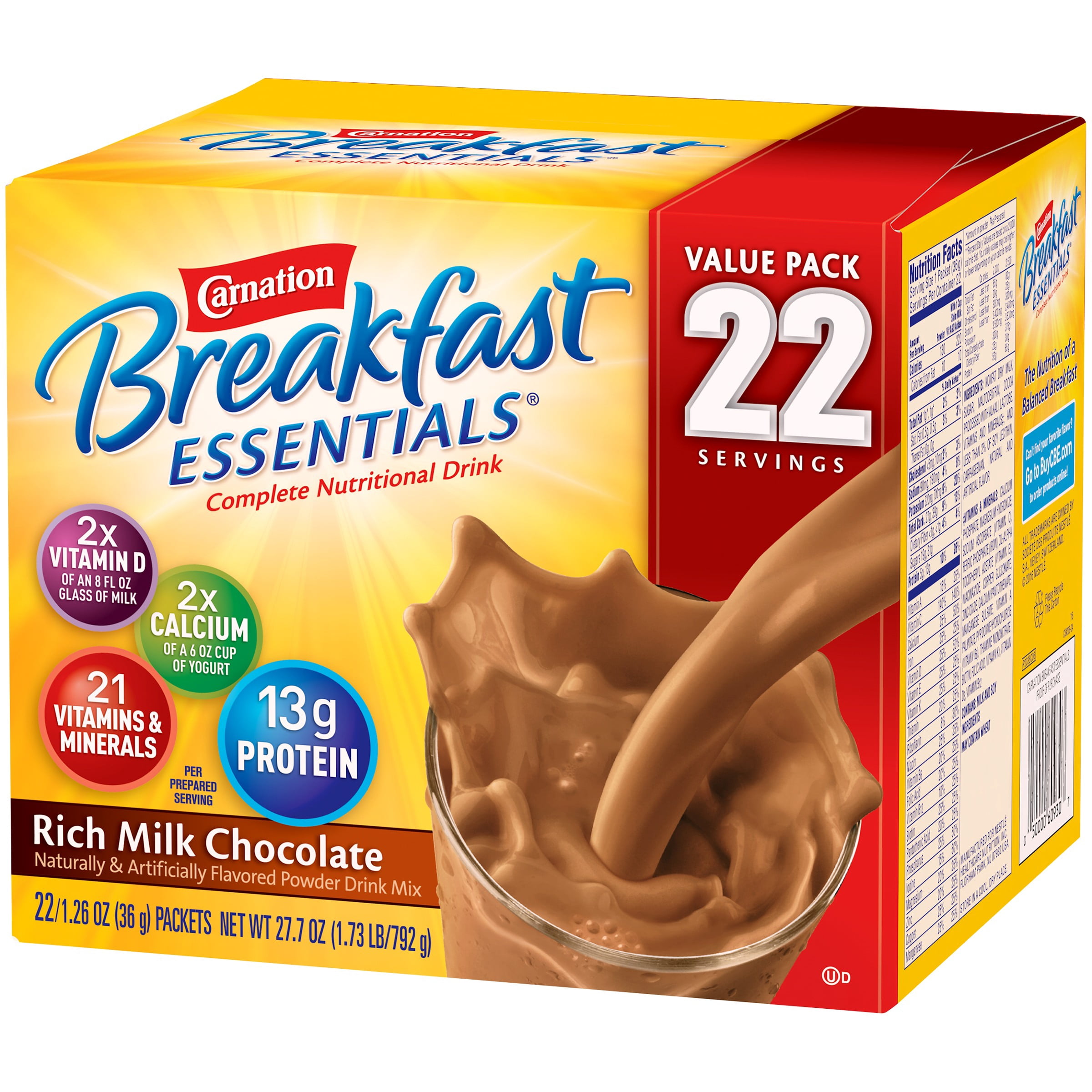 Carnation Breakfast Essentials Powder Protein Nutritional Shake Drink Mix Packets, Rich Milk Chocolate Breakfast Shake, 22 Count