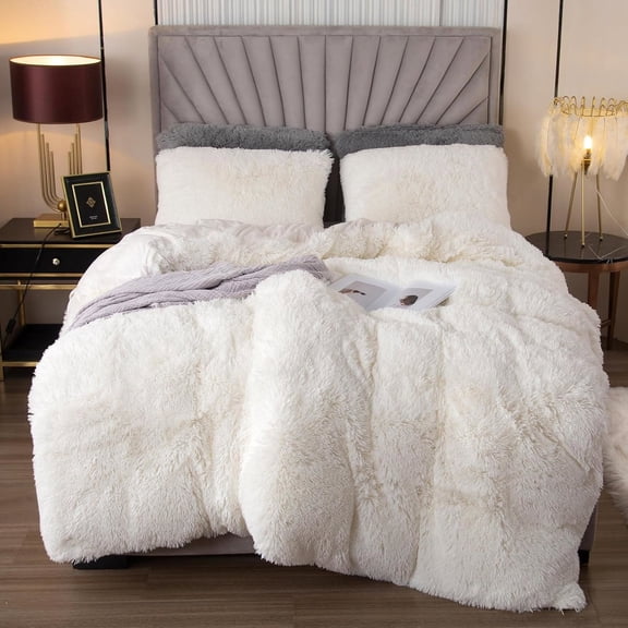 3 Pieces Cream White Plush Fluffy Duvet Cover Winter Luxury Ultra Soft Shaggy Crystal Velvet Comforter Cover Set Zipper Closure Queen Bedding Set