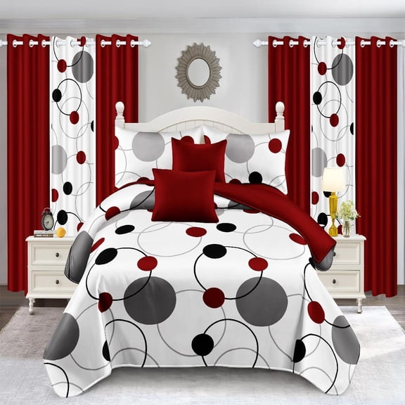 All-in-One 9-Piece Bedspread & Curtain Set, Super Soft for Year-Round Comfort, Fits Twin/Queen/King/Cal King Bedroom (Red, King 91*100 in)