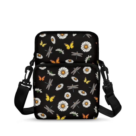 Chririnla Polyester Crossbody Purse Portable Double Layer Crossbody Bags for Running, Black Daisy Butterfly Print Crossbody Wallet