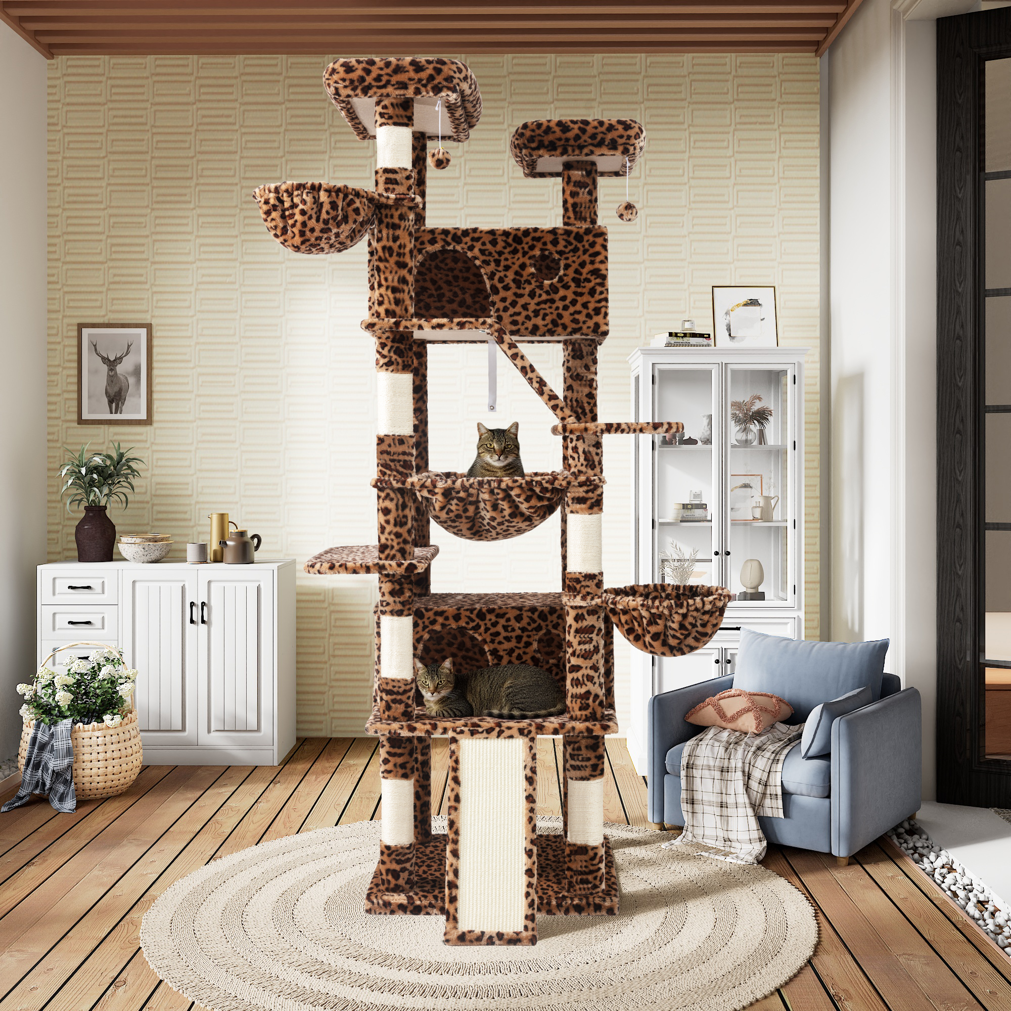 Sha Cerlin 81" Large Cat Tree Tower with Cat Condo & Hammock, Multi-Level & Sisal Scratching Post, Leopard Print
