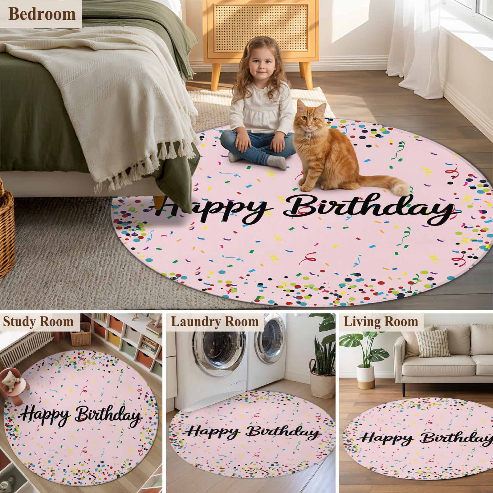 Happy Birthday Large Area Rugs for Bedroom Living Room, Soft Non Slip Carpet Bedside Rug, Pink Modern Abstract Art Round Floor Cover Kitchen Accent Rug 5' for Dining Room/Office