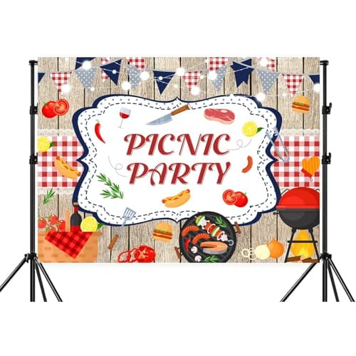 7x5ft Picnic Party Backdrop Wooden Red White Checkered String Lights Food BBQ Photography Background Outdoor Barbecue Party Decorations Banner Backdrop Photo Booth Props