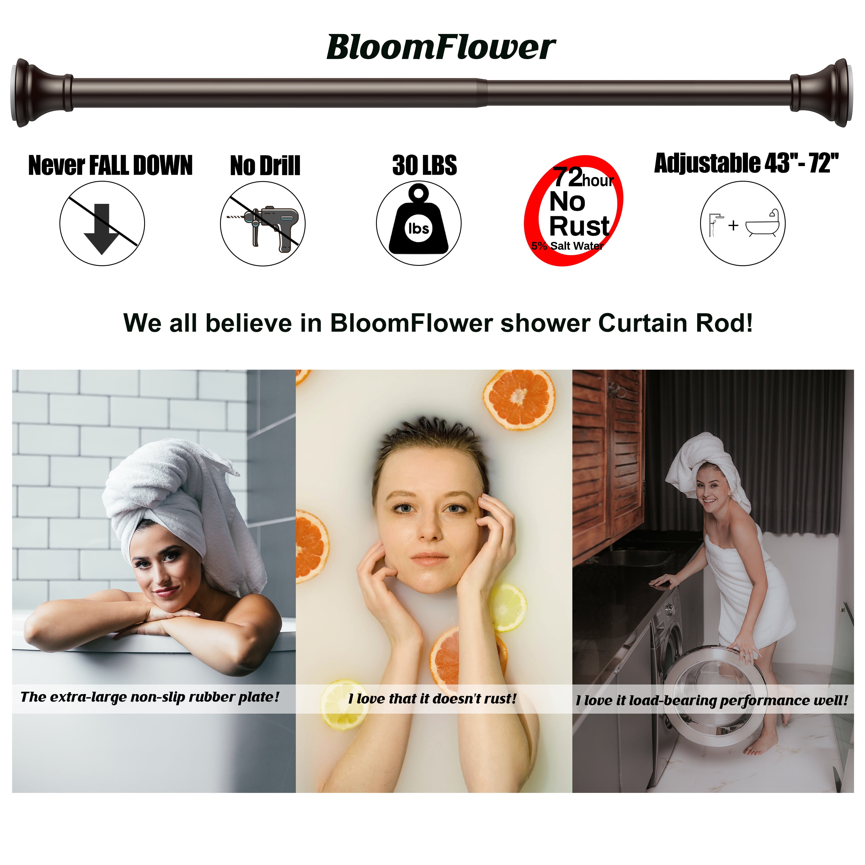 BloomFlower Bronze Shower Curtain Rod, 43-72 inches, Bronze,Never Rust , Metal Rod,Tension Rod with Spring