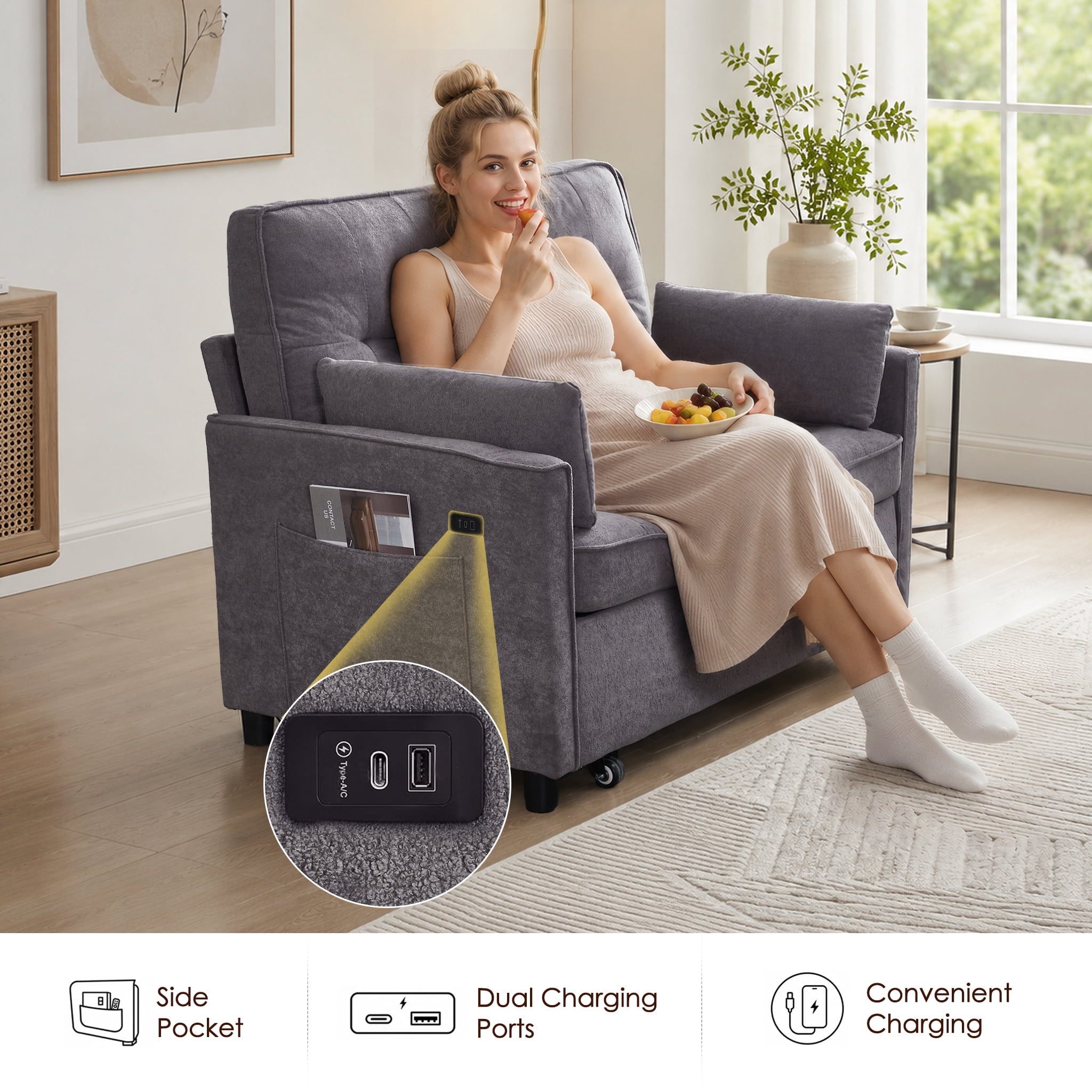 avobird 55'' 3 in 1 Pull Out Sofa Bed, Convertible Couch with Adjustable Backrest/Side Pockets/USB Charging Ports, Sleeper Sofa for Living Room, Gray