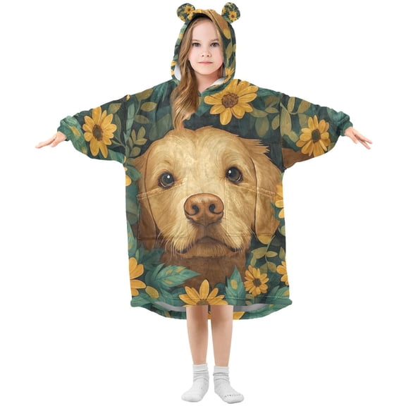 FORMRS Wearable Blanket Hoodie with Sleeves for Kids Cozy Flannel Sweatshirt, Flowers and Dog