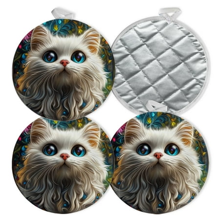 

4 PCS Pot Holders for Kitchen Potholders Sets with Hook for Oven Cooking Baking Enchanted White Cat With Big Eyes