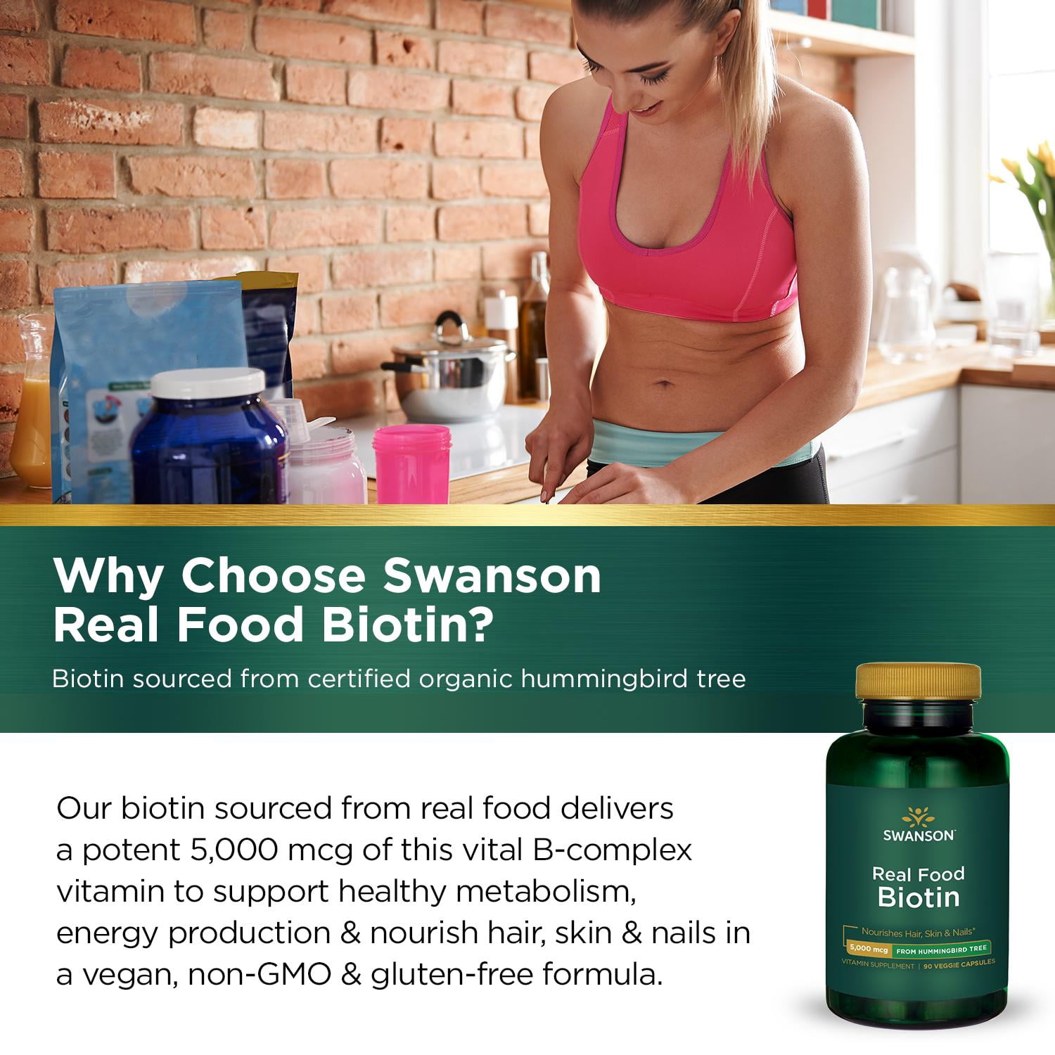 Swanson Real Food Biotin Vitamin B-7 Hair Skin Nail Metabolism Health from Organic Hummingbird Tree Extract Vegan Gluten-Free Non-GMO B7 5000 mcg 90 Veggie Capsules (Caps)