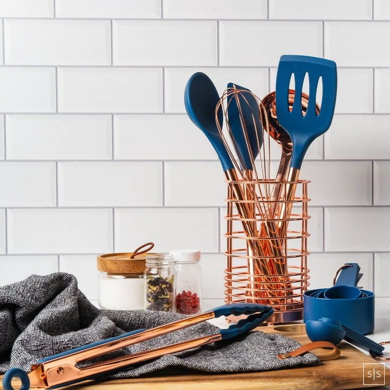 Styled Settings Copper and Blue Silicone Kitchen Utensils Set -17PC Set Includes Copper Utensil Holder, Blue Measuring Cups & Spoons, Copper Kitchen