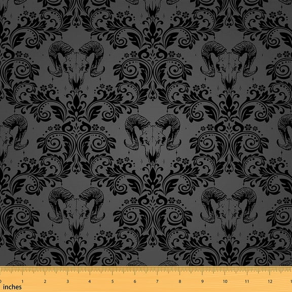 Manfei Boho Damask Flower Sewing & Crafting Fabric (3 Yards), Black Gray Home Decor Fabric by the Yard, Highland Cow Skull DIY Fabric