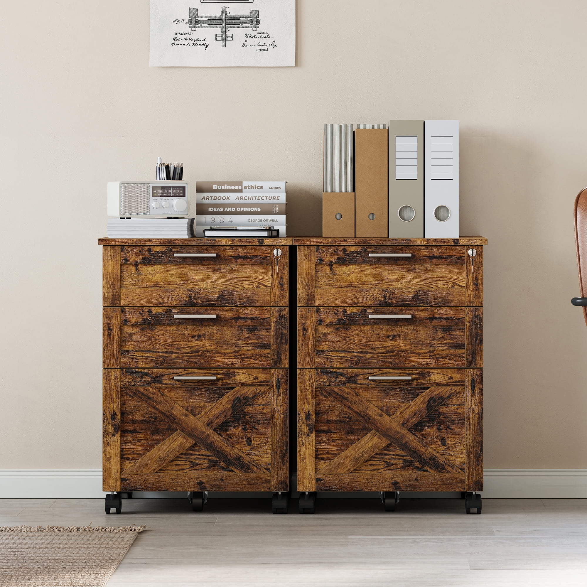 3-Drawer File Cabinet with Lock, Mobile Under Desk Filing Cabinet for Home Office, Wood Storage Organizer for Letter/a4/Legal Size Documents
