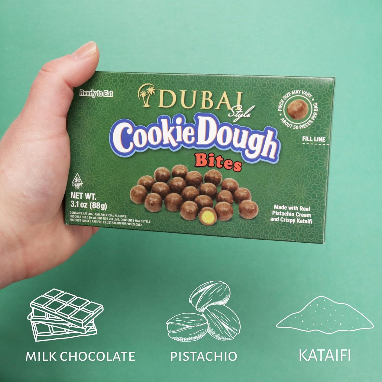 Sweetzo's Dubai Chocolate Cookie Dough Bites, Theatre Boxes, Candy Gift, 3.1 Ounces Each, Pack of 3
