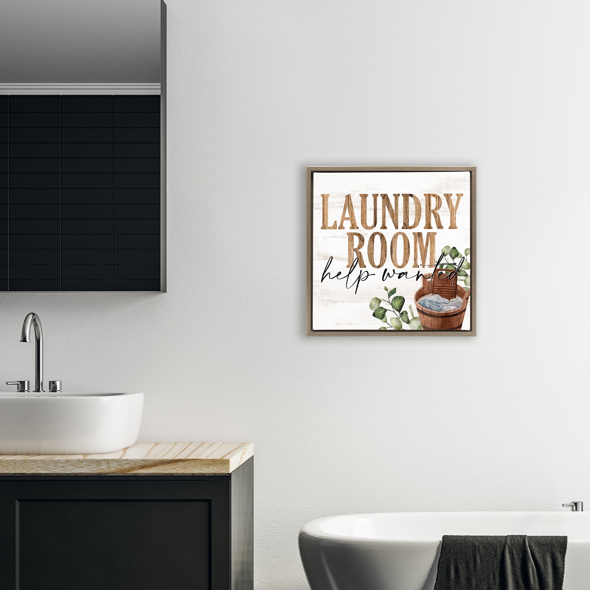 Help Wanted Rustic Laundry Room Brown Framed Floater Canvas Wall Art, design by Kim Allen