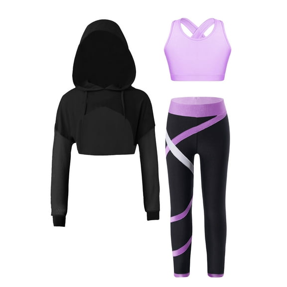 Fldy 3 Pcs Dance Suit for Girls Long Sleeve Hoodie Sweatshirts Sleeveless Tank Top with Legging Set Lavender 16