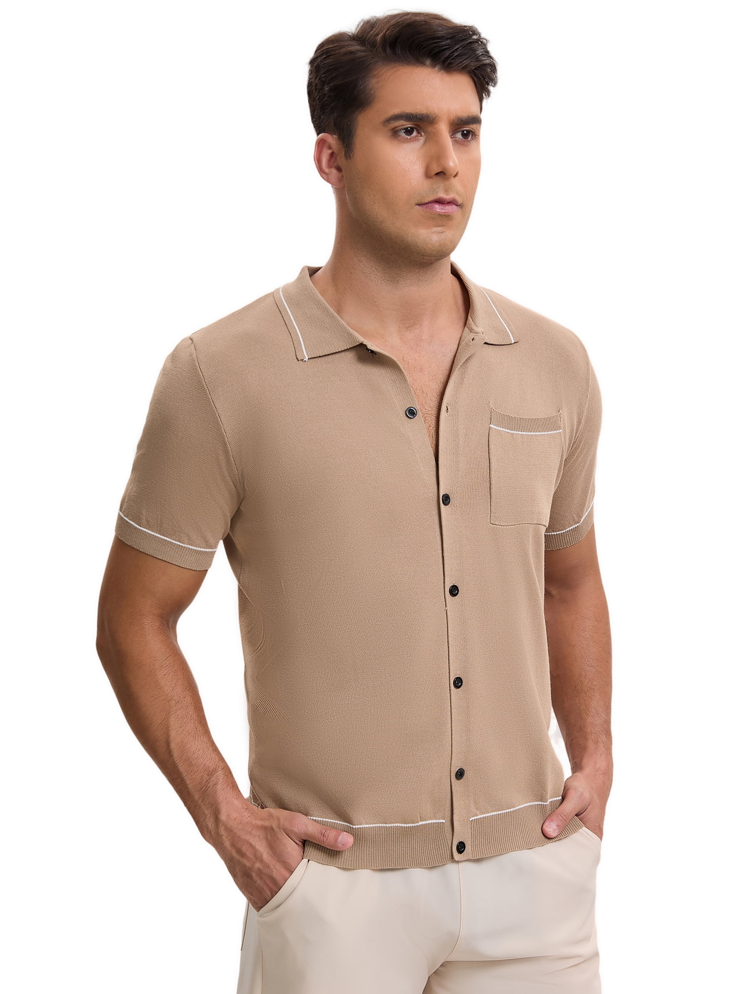 DARING DIVA Men's Knit Button Down Casual Vintage Short Sleeve Polo Shirt XXL Deep Khaki
