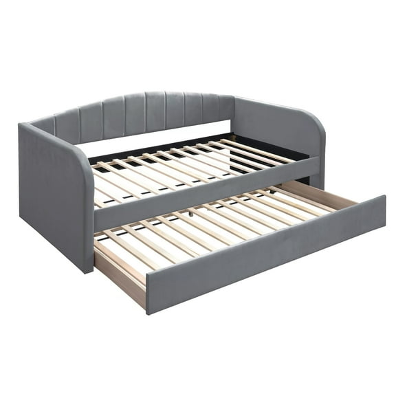 Benjara Keo Daybed with Pull Out Trundle, Channel Tufted Modern Gray Velvet
