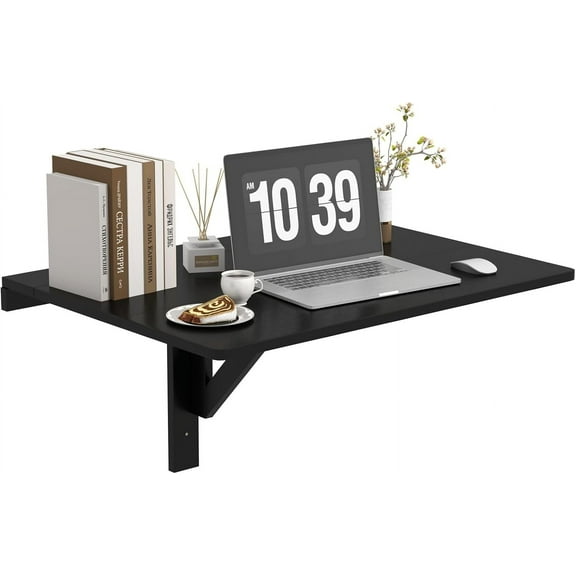 HYJY Wall Mounted Folding Desk, Fold Down Drop Leaf Table, Wood Laundry Floating Desk, Foldable Computer Table Wall Mount for Small Spaces, Study, Kitchen (Black)