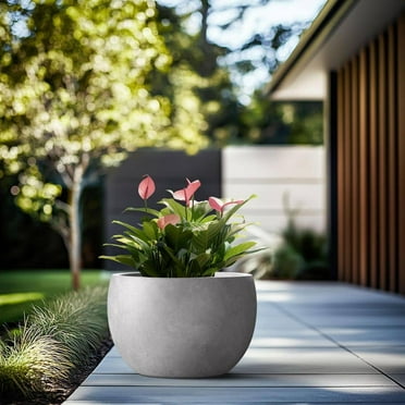 20 in. Large Light Stone Gray Concrete Round Planter / Pot with Drainage Holes