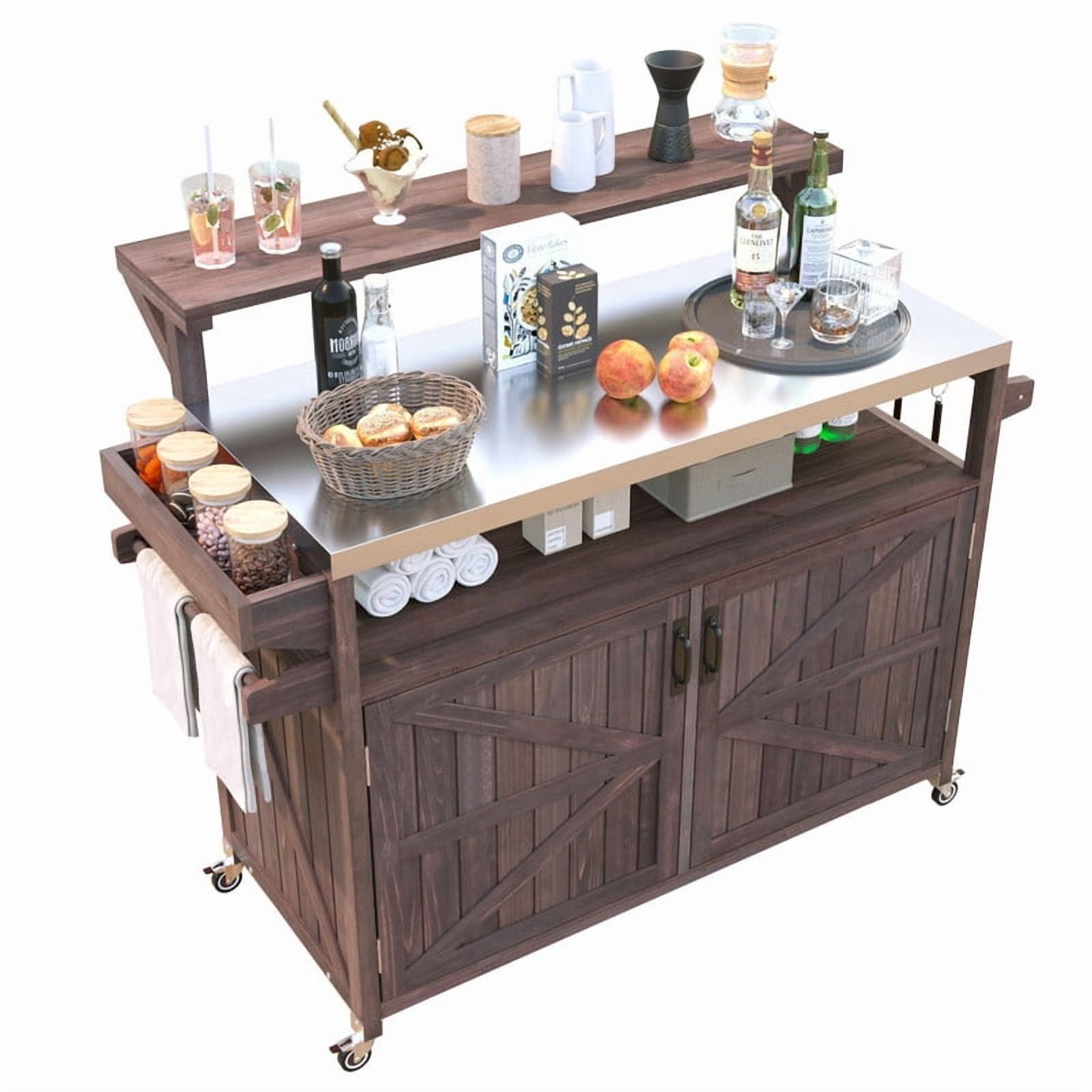 Outdoor Kitchen Island with Raised Shelf & Stainless Steel Top, Outdoor Rolling Grill Cart with Adjustable Shelf & Internal Storage Rack