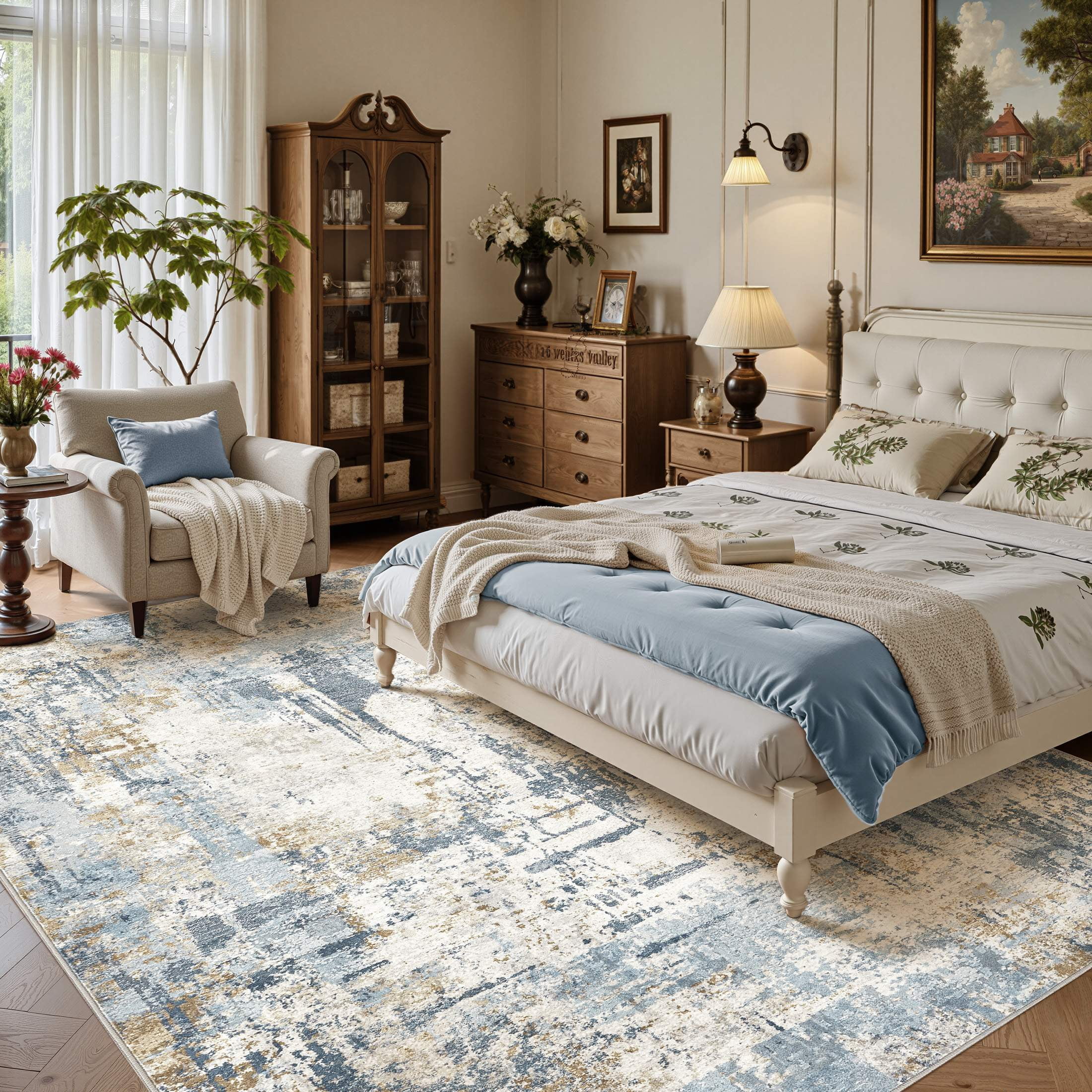 UERMEI 12'x15' Large Area Rugs for Living Room, Washable Non Slip Indoor Rug for Bedroom Home Decor Carpets, Modern Abstract Printed Carpet, Blue