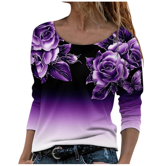Haut Tunique Ajusté à Manches Longues à Col Rond Décontracté pour Femmes, Blouse Ample et Confortable, T-Shirts d'Automne Imprimés Vintage Mode pour Dames A1