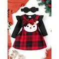 thumbnail image 2 of KelaJuan Baby Girl Christmas Outfits Solid Color Long Sleeve Rompers Deer Patch Plaid Suspender Skirts Headband 3Pcs Clothes Set, 2 of 6