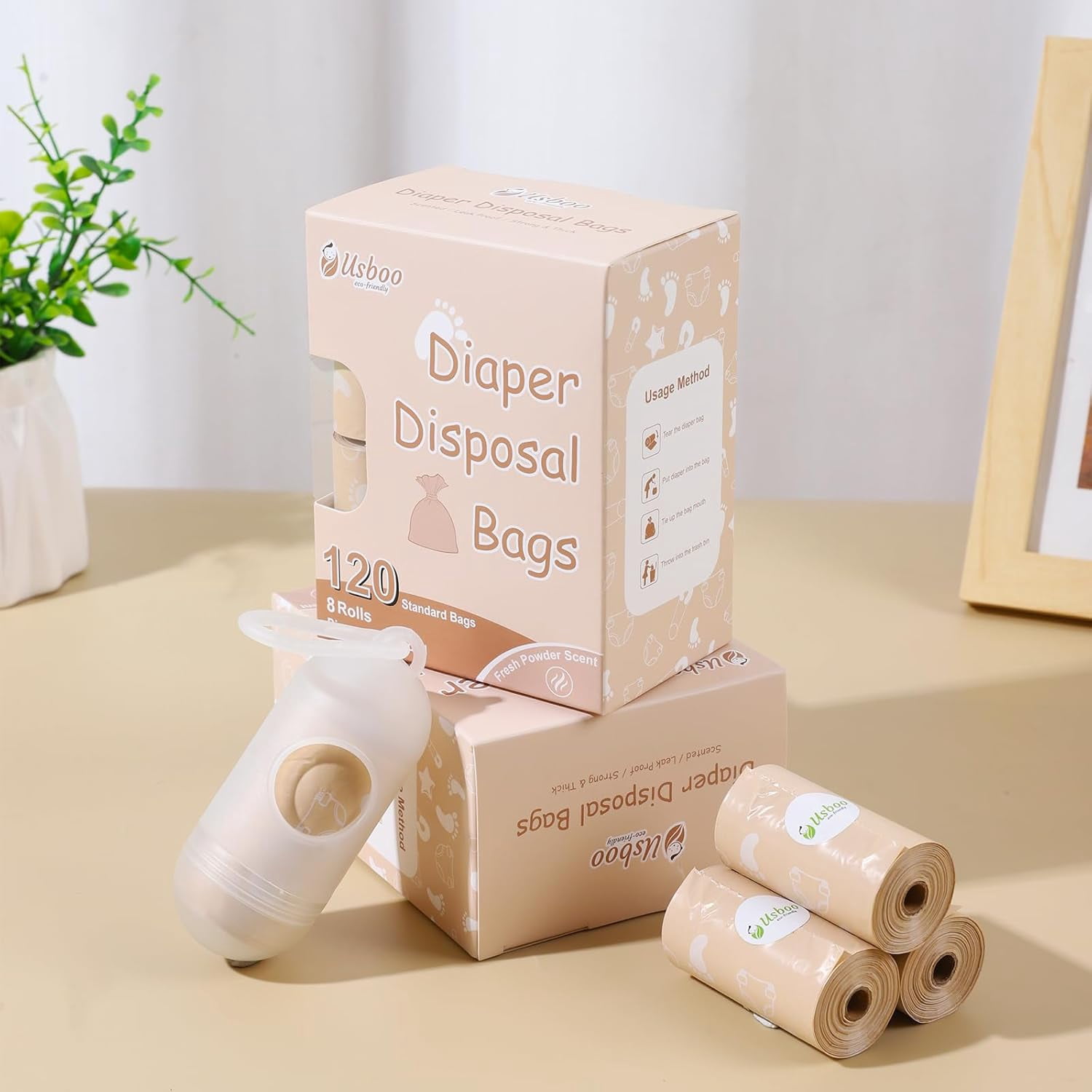 Diaper Bags Disposable for Baby, Biodegradeable Dirty Diaper Bags (8 Refill Rolls/120 Bags) with Dispenser | Leak Proof Diaper Trash Bags | Baby Poop Bags | Powder Scent