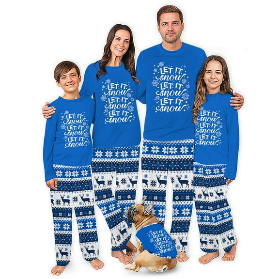 Let It Snow Blue Family Christmas Pajamas, Christmas Pj Outfits, Family And Dog Sizes