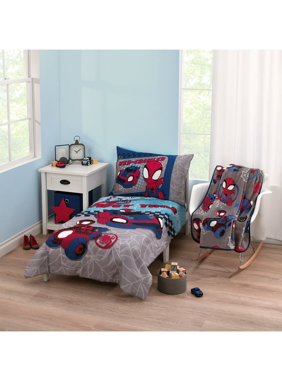 Marvel Spidey 5pc Toddler Bedding & Blanket Bundle, Toddler Bed, Boy, Blue, Polyester