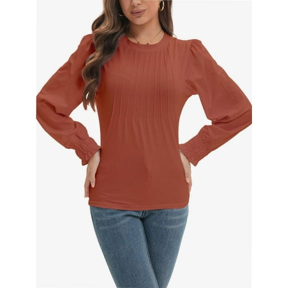 Women's Fall Puff Long Sleeve Tunic Tops Pleated Crew Neck Shirts Blouses Casual Loose T-Shirts