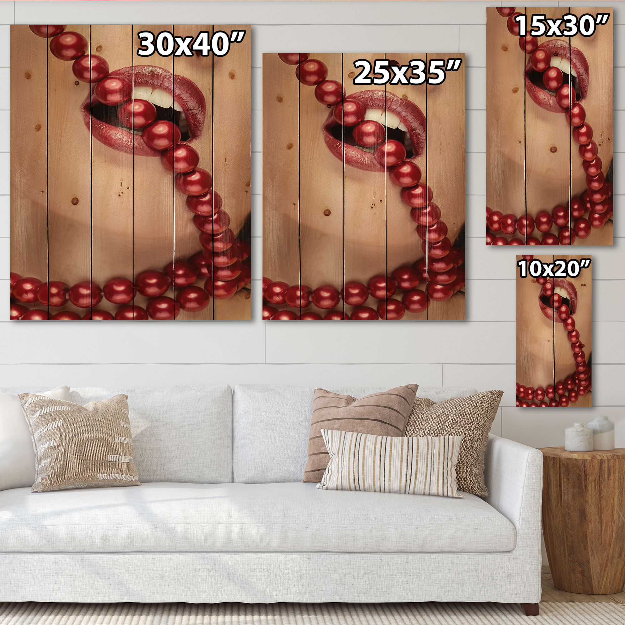 Designart 'Girl Mouth With Red Lipstick Biting Red Pearls' Modern Print on Natural Pine Wood