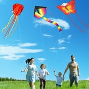 Crogift 3-Pack Large Kites Set - Delta, Devil Fish, Octopus Designs - For Kids & Adults Outdoor Fun