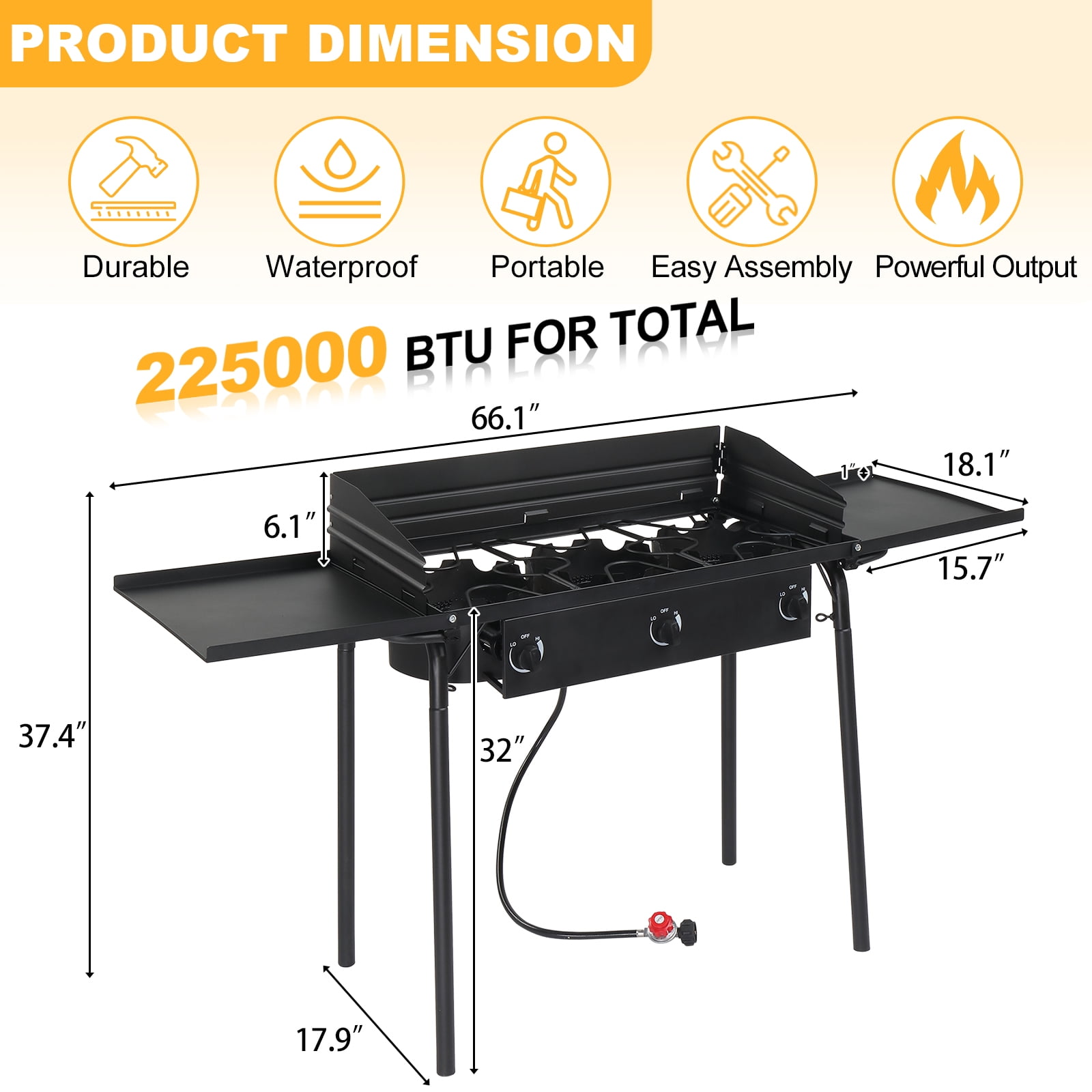 GoDecor 3 Burner Propane Camping Stove with Detachable Legs and Wind Panels