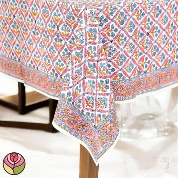 New Era Creation Orange & White Floral Indian Hand Block Printed Table Cover And Linen Set,Wedding Decor, Tablecloth Thanksgiving best Gift for Mom