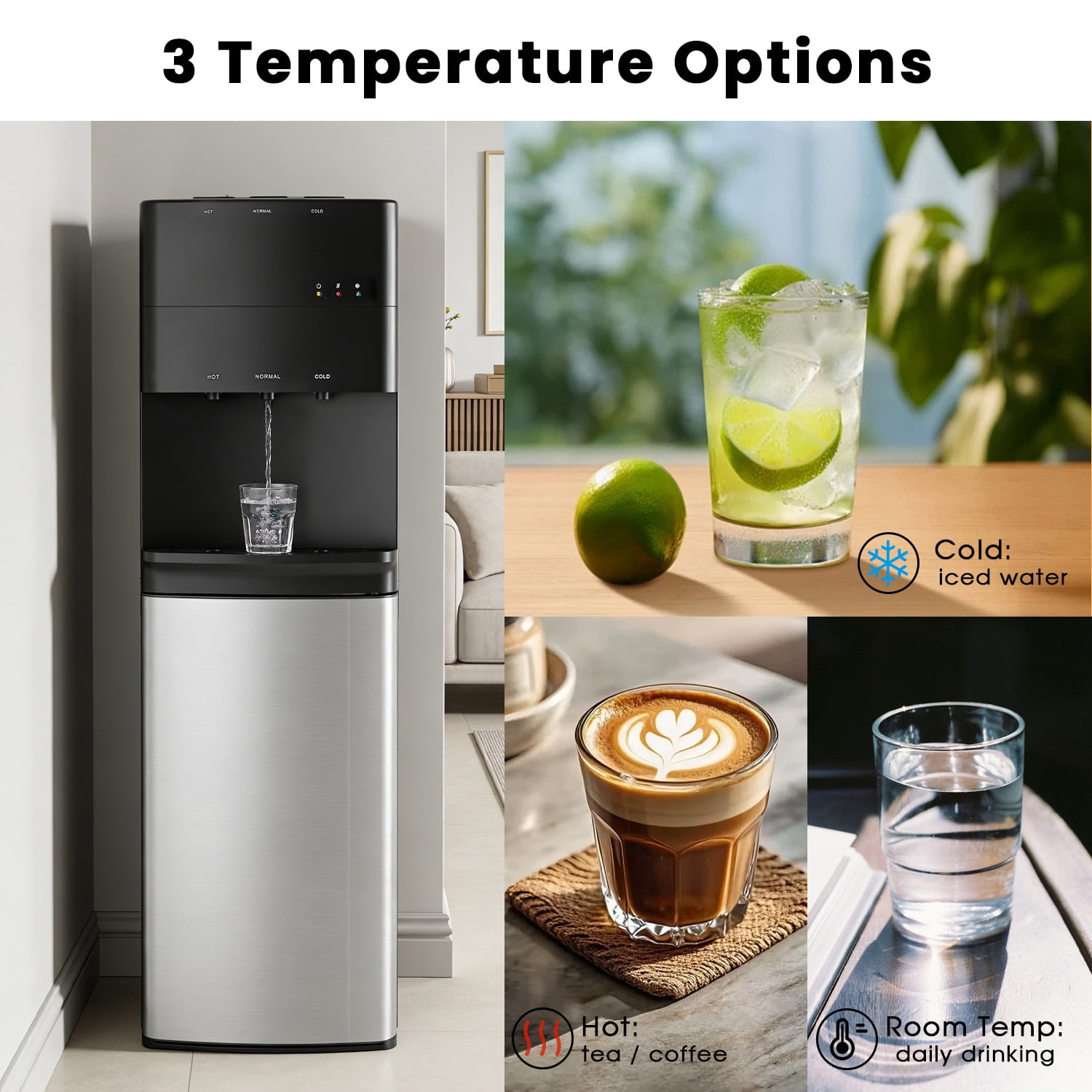 Water Dispenser for 3 and 5 Gallon Bottles – Bottom Load Water Machine with Hot, Cold & Room Temperature Options, Self-Cleaning & Safe Design, Silver