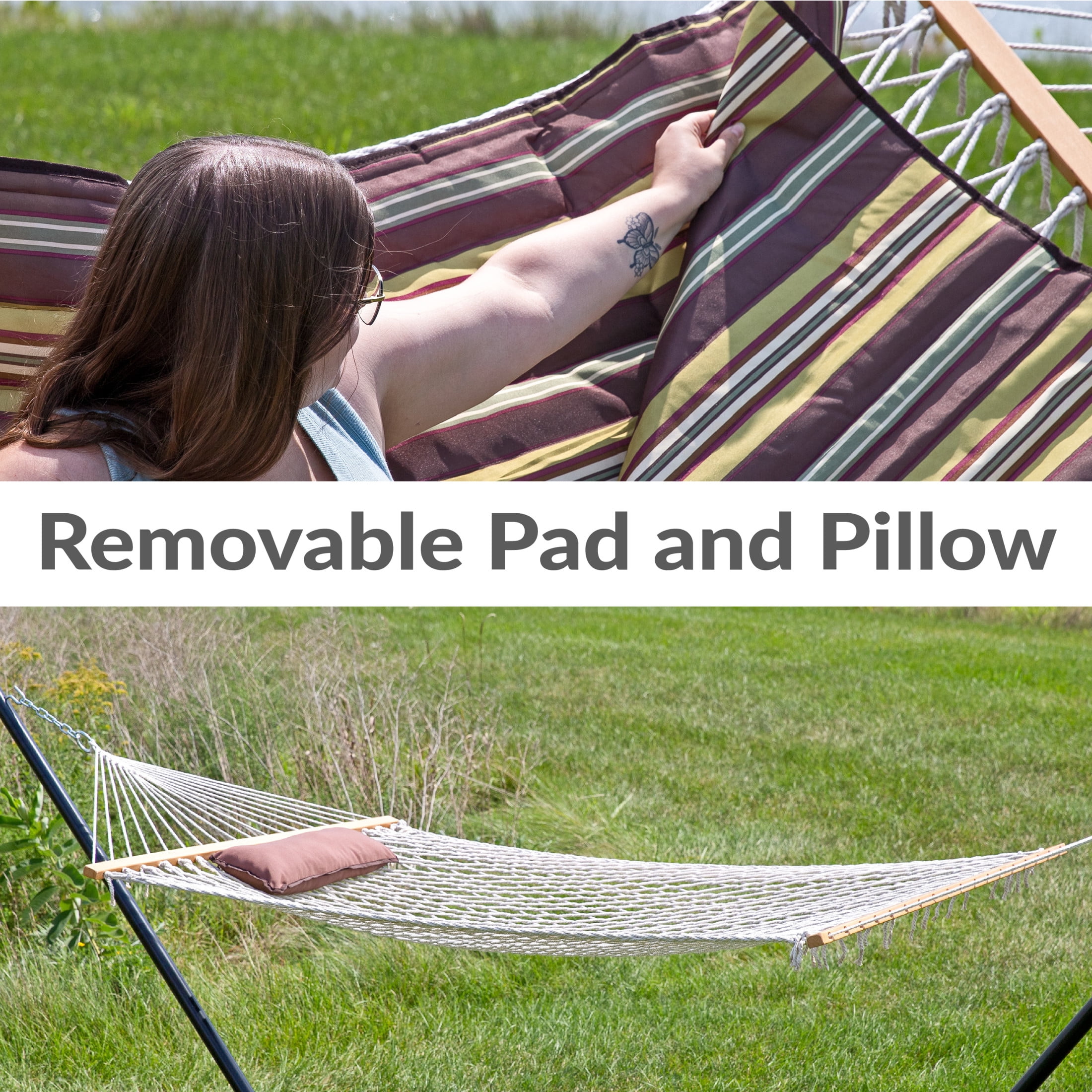 Sunnydaze 2-Person Polyester Rope Hammock with Stand and Pad, 275 lb Capacity - Desert Stripe