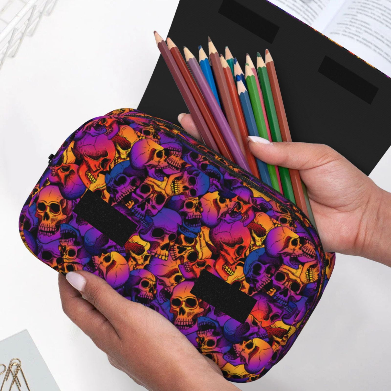 Rateoe Skull Pattern Double Clamshell Pen Case, Storage Organizer with Two Zipper Compartments– Holds Up to 50 Pencils & Pens
