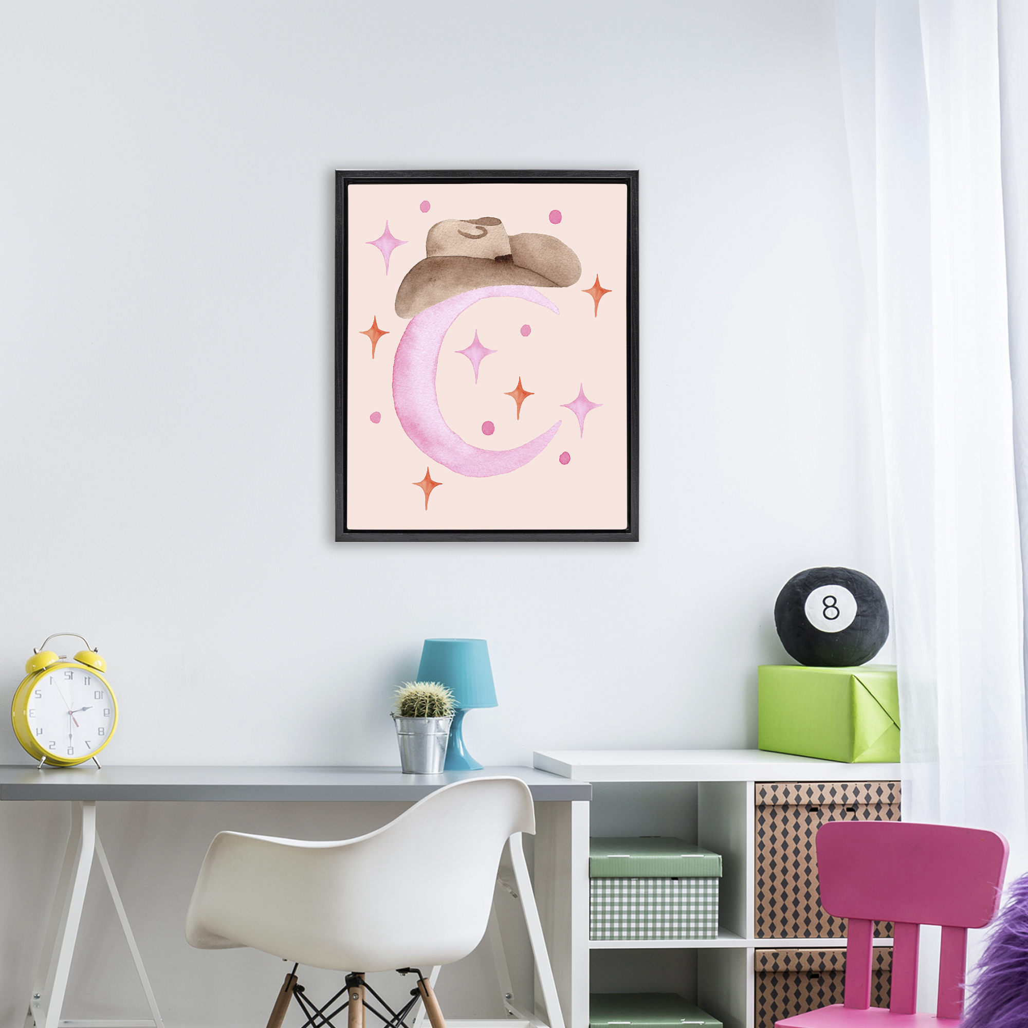 Moon Cowgirl Hat Black Framed Floater Canvas Wall Art, design by Nina Jacobs